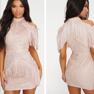 Dusty Pink Cold Shoulder Lace Tassel Bodycon Dress